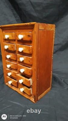 Antique Small Pine 12 drawer Medicinal Spice Primitive Cabinet 12.5 jewelry