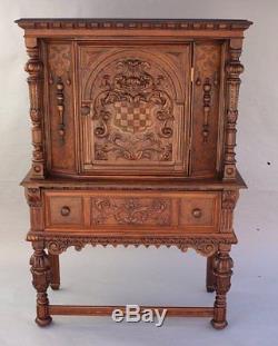 Antique Spanish Revival 1920's Carved Cabinet By Berkey And Gay W Crest (7823)
