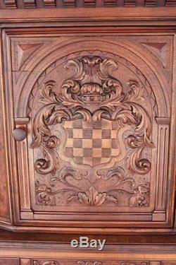 Antique Spanish Revival 1920's Carved Cabinet By Berkey And Gay W Crest (7823)