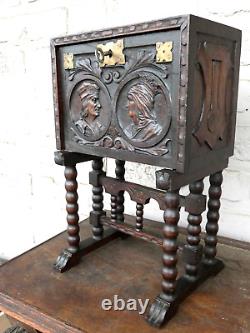 Antique Spanish rare wood carved medieval style miniature cabinet portraits