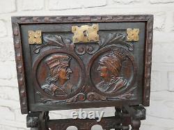 Antique Spanish rare wood carved medieval style miniature cabinet portraits
