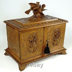 Antique Swiss Black Forest Hand Carved Wood Cigar Cabinet Box, Birds