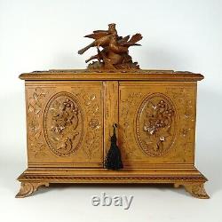 Antique Swiss Black Forest Hand Carved Wood Cigar Cabinet Box, Birds