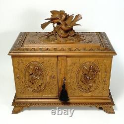 Antique Swiss Black Forest Hand Carved Wood Cigar Cabinet Box, Birds