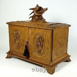 Antique Swiss Black Forest Hand Carved Wood Cigar Cabinet Box, Birds