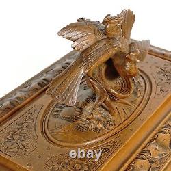 Antique Swiss Black Forest Hand Carved Wood Cigar Cabinet Box, Birds