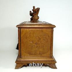 Antique Swiss Black Forest Hand Carved Wood Cigar Cabinet Box, Birds