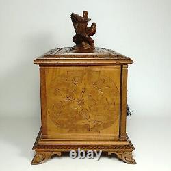 Antique Swiss Black Forest Hand Carved Wood Cigar Cabinet Box, Birds