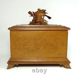 Antique Swiss Black Forest Hand Carved Wood Cigar Cabinet Box, Birds