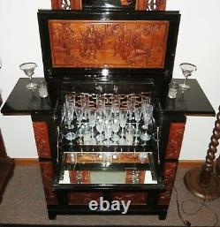 Antique Teakwood & Lacquer Hand Carved Wine Cabinet, Ornate, Storage ELEGANT