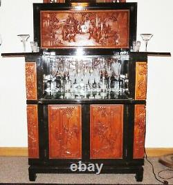Antique Teakwood & Lacquer Hand Carved Wine Cabinet, Ornate, Storage ELEGANT
