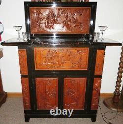 Antique Teakwood & Lacquer Hand Carved Wine Cabinet, Ornate, Storage ELEGANT