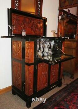 Antique Teakwood & Lacquer Hand Carved Wine Cabinet, Ornate, Storage ELEGANT