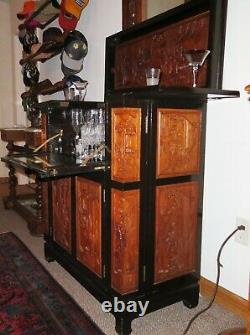 Antique Teakwood & Lacquer Hand Carved Wine Cabinet, Ornate, Storage ELEGANT