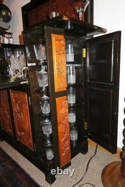 Antique Teakwood & Lacquer Hand Carved Wine Cabinet, Ornate, Storage ELEGANT