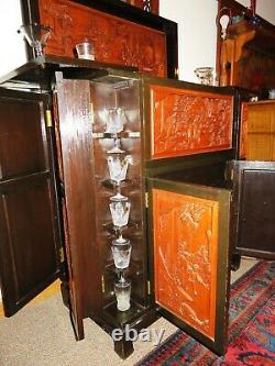 Antique Teakwood & Lacquer Hand Carved Wine Cabinet, Ornate, Storage ELEGANT