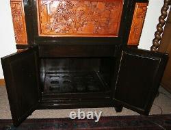 Antique Teakwood & Lacquer Hand Carved Wine Cabinet, Ornate, Storage ELEGANT