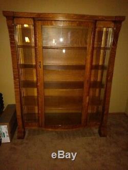 Antique Tiger Maple Bow Front Glass China Cabinet -beveled glass 5 shelves