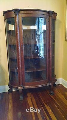Antique Tiger Oak Bow Front Clawfoot China Display Curio Cabinet