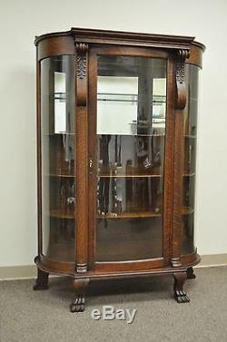 Antique Tiger Oak Bow Front Curved Glass & Mirror Curio Display China Cabinet