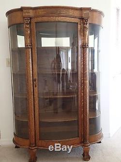 Antique Tiger Oak Bowed Glass Curio China Cabinet c. 1900