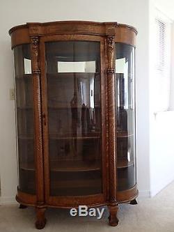 Antique Tiger Oak Bowed Glass Curio China Cabinet c. 1900