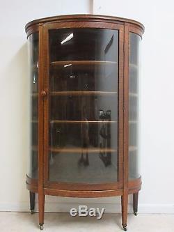 Antique Tiger Oak Carved Bow Glass Curio Crystal Cabinet China Hutch