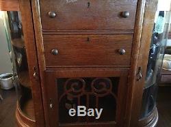Antique Tiger Oak Claw Foot Curved Glass China Curio Cabinet 2 Drawers 3 Doors