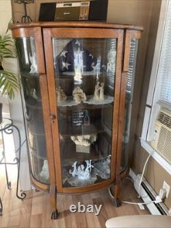 Antique Tiger Oak Curved Glass Cabinet