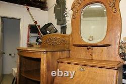 Antique Tiger Oak Drop Front Secretary Side by Side Bookcase with Mirror