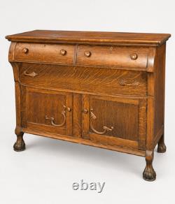 Antique Tiger Oak Sideboard Server Cabinet Buffet Claw Foot Carved Details