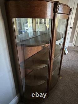 Antique Tiger Wood Curved Glass Curio Cabinet 55x45 HxW