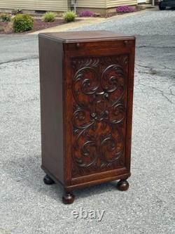 Antique Tiger oak Cellerate victorian wine liquor cabinet signed carved 1890