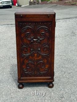 Antique Tiger oak Cellerate victorian wine liquor cabinet signed carved 1890