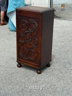 Antique Tiger oak Cellerate victorian wine liquor cabinet signed carved 1890