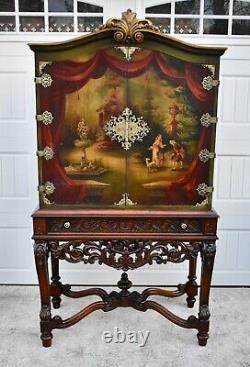 Antique Unique Two Piece Carved Walnut & Painted Renaissance Style Cabinet