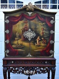 Antique Unique Two Piece Carved Walnut & Painted Renaissance Style Cabinet