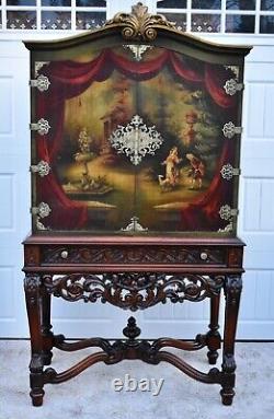 Antique Unique Two Piece Carved Walnut & Painted Renaissance Style Cabinet