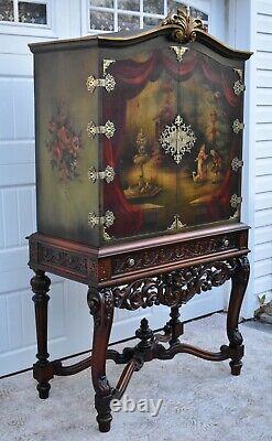 Antique Unique Two Piece Carved Walnut & Painted Renaissance Style Cabinet