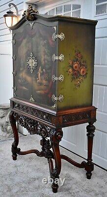 Antique Unique Two Piece Carved Walnut & Painted Renaissance Style Cabinet