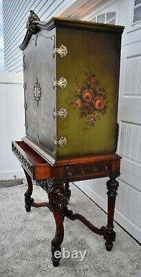 Antique Unique Two Piece Carved Walnut & Painted Renaissance Style Cabinet