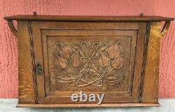 Antique Victorian Art Nouveau Oak Wall Mount Cabinet