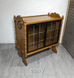 Antique Victorian Arts & Crafts Gothic Oak Cabinet Table with Glass Iron Doors