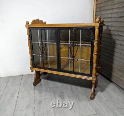 Antique Victorian Arts & Crafts Gothic Oak Cabinet Table with Glass Iron Doors