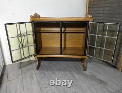 Antique Victorian Arts & Crafts Gothic Oak Cabinet Table with Glass Iron Doors