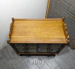 Antique Victorian Arts & Crafts Gothic Oak Cabinet Table with Glass Iron Doors