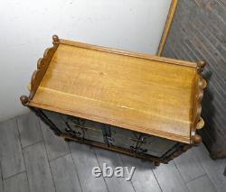 Antique Victorian Arts & Crafts Gothic Oak Cabinet Table with Glass Iron Doors