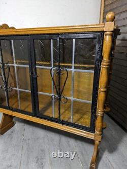 Antique Victorian Arts & Crafts Gothic Oak Cabinet Table with Glass Iron Doors