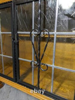 Antique Victorian Arts & Crafts Gothic Oak Cabinet Table with Glass Iron Doors