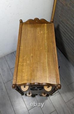 Antique Victorian Arts & Crafts Gothic Oak Cabinet Table with Glass Iron Doors